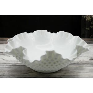 Vintage Fenton White Milk Glass Hobnail Ruffled Edge Bowl 12&quot; Diameter