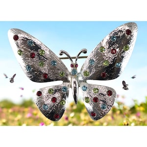 Vintage Silver Butterfly Brooch With Multicolored Rhinestones