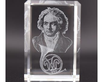 Beethoven 3D Crystal Paperweight: Laser-Etched Classical Music Gift
