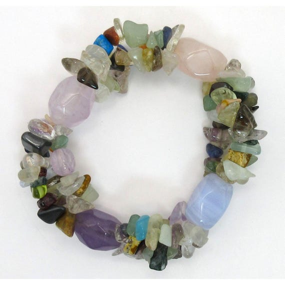 Triple Layer Stretch Bracelet Gemstone Chips Blue… - image 5