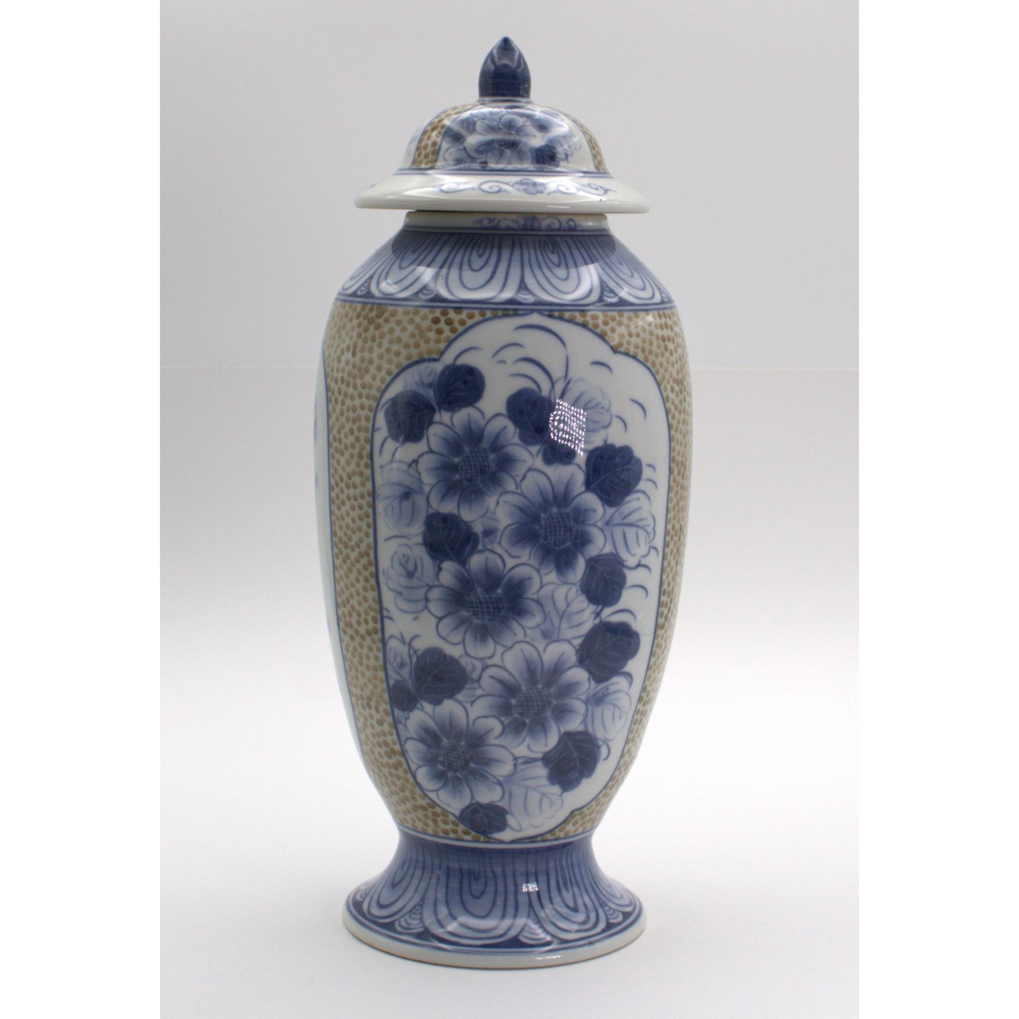 Maitland-smith Blue & White Floral Porcelain Ginger Jar With Lid