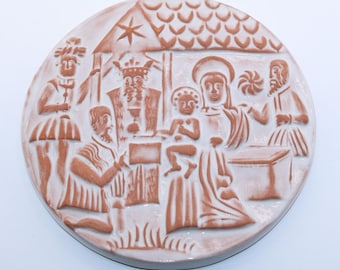 Nativity Scene Ceramic Wall Tile 4" Round Handcrafted Terracotta & Glazed