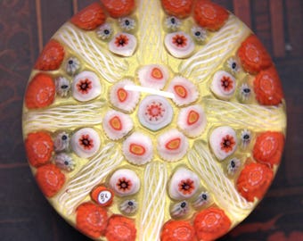 Strathearn Scottish Millefiori Paperweight • Blue Latticino Spokes • c.1970s
