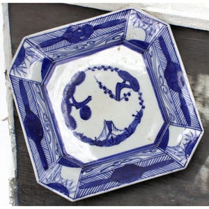Antique Japanese Arita Blue & White Octagonal Porcelain Dish  Edo-Meiji Period  Hand-Painted Landscape Floral Motif  Japanese Imari Export