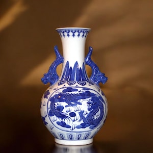 Vintage Chinese Porcelain Large 15&quot; Blue White Dragon Vase With Dragon Handles Hand Painted