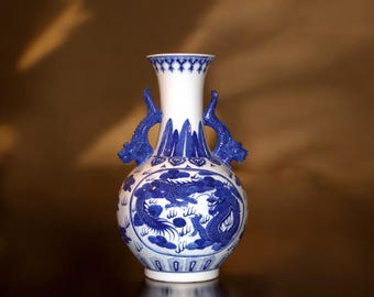 Vintage Chinese Porcelain Dragon Vase, Blue and White Chinoiserie, 15"