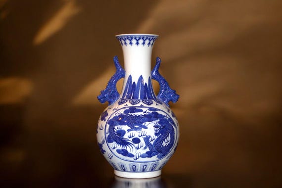 Vintage Chinese Porcelain Dragon Vase, Blue and White Chinoiserie