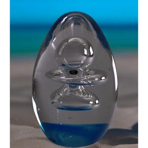 Clear and Blue Art Glass Sculpture with Bubble Design, Modern Glass Paperweight, Home Decor