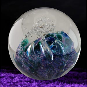 Selkirk Glass Handmade Scottish Art Glass Paperweight Purple Green & Blue Swirls With Bubbles Vintage Collectible signed