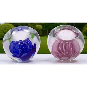Vintage Glass Flower Candle Holders Pair – Blue & Pink Art Glass Votive / Tealight Holders – Hand Blown Paperweight Style Decor
