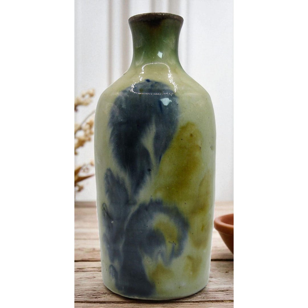 Vintage Studio Art Pottery Vase Bottle Hand Thrown Abstract Glaze Blue ...