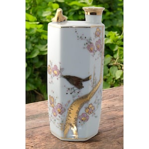 Antique Japanese Kutani Sake Bottle Hand-Painted Bird & Blossom Tokkuri With Gilded Lid Porcelain