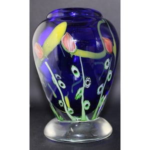 Hand-Blown Cobalt Blue Art Glass Vase: Murano Style Floral Footed Vase