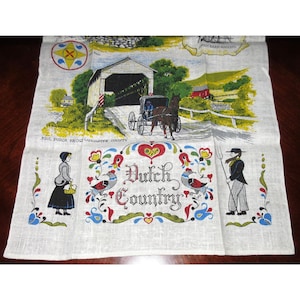 Vintage 100% Linen Pennsylvania Dutch Country Amish Folk Art Kay Dee Tea Towel
