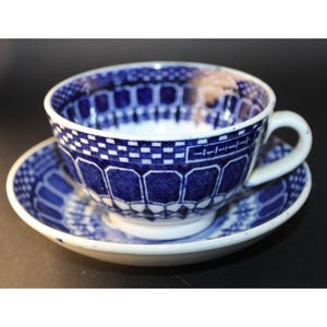 Juego de taza y platillo de cerámica holandesa antigua Societe Ceramique Maestricht, transferencia azul y blanca, juego de 4