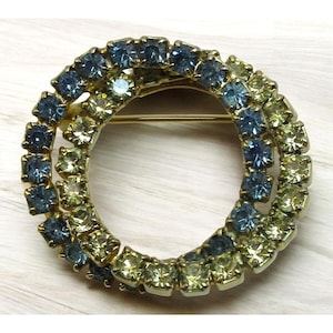 Vintage Gold Tone Double Linked Circles Brooch With Blue & Yellow Rhinestones