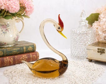 Vintage Art Glass Swan Bird Clear Gold Amber Murano Style