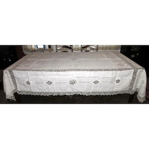Vintage 100”x72” Hand-Embroidered Linen Tablecloth | Cutwork & Filet Lace | Antique White Wedding Banquet Table Decor