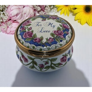 Staffordshire Enamels &quot;For My Love&quot; Vintage Trinket Box Floral Heart Design England