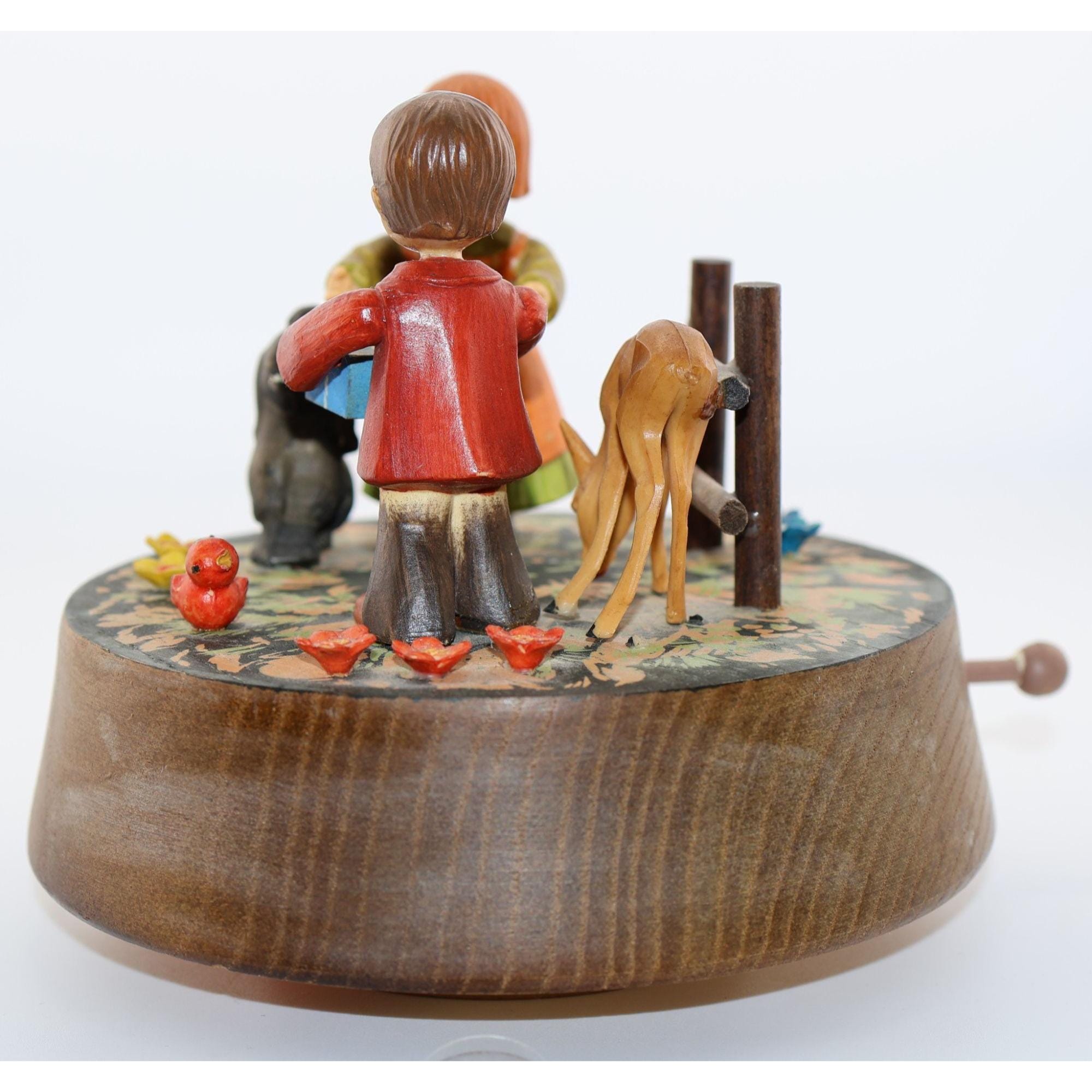 Vintage ANRI Reuge Wooden Music Box Children Dog Deer Swiss
