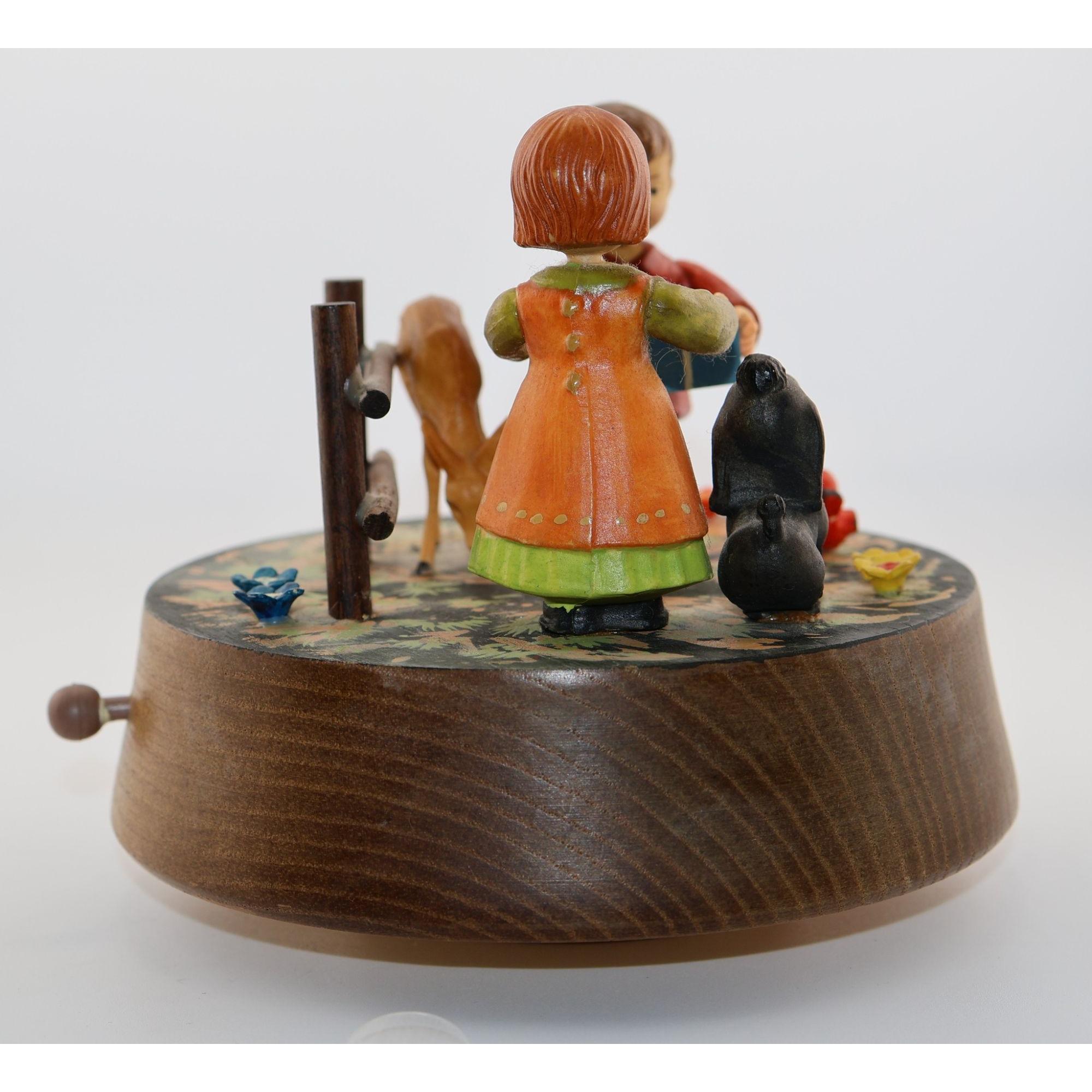 Vintage ANRI Reuge Wooden Music Box Children Dog Deer Swiss