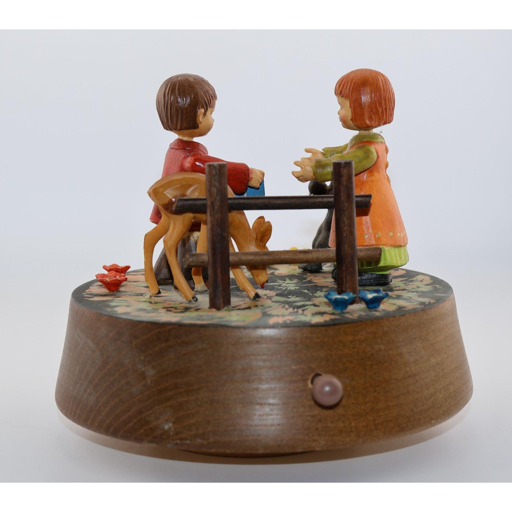 Vintage ANRI Reuge Wooden Music Box Children Dog Deer Swiss