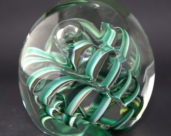 Vintage Karg Art Glass Paperweight With Green & White Ribbon Swirl Design