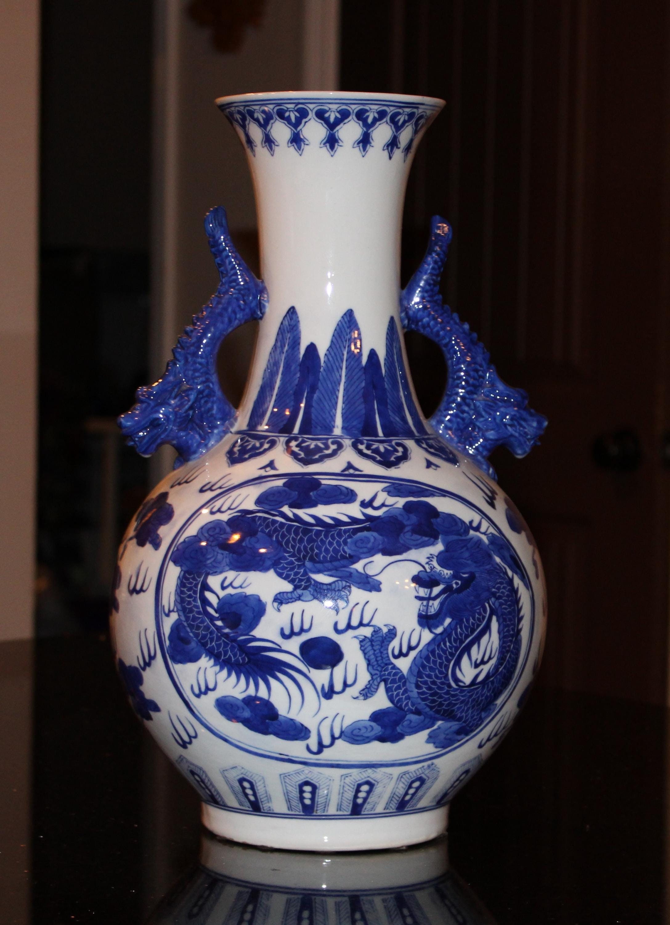 Vintage Chinese Porcelain Dragon Vase, Blue and White Chinoiserie
