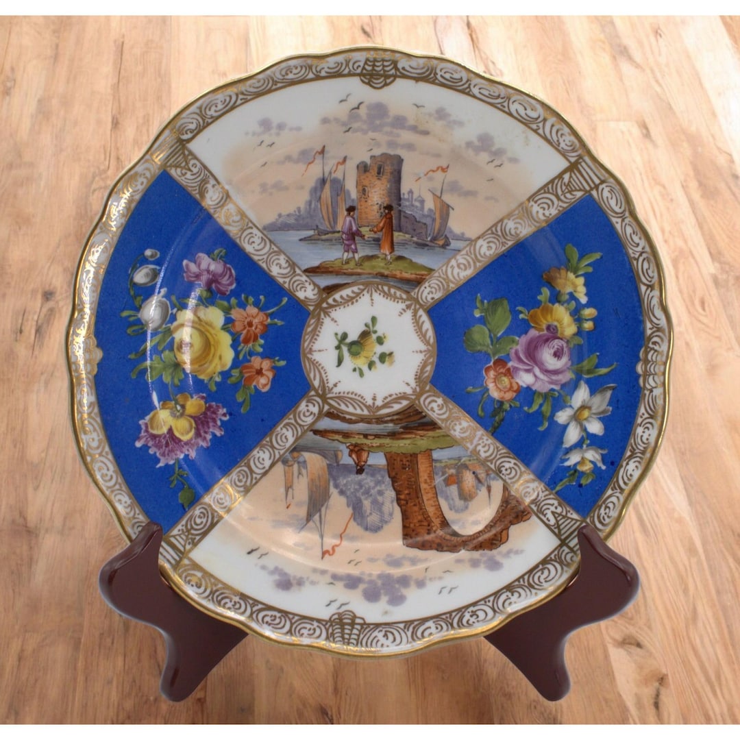 Antique Meissen Porcelain Plate Cobalt Blue Floral & Romantic