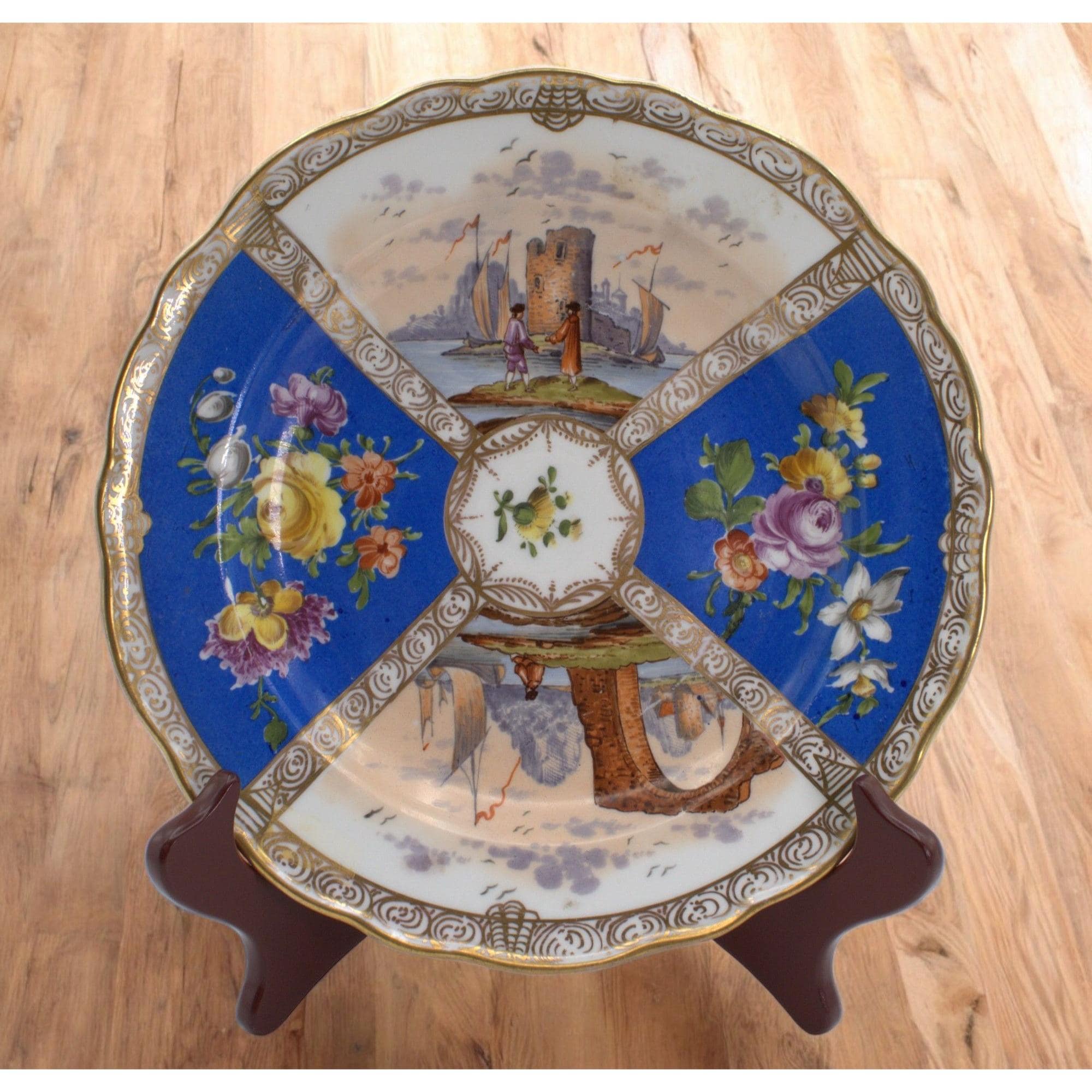 Antique Meissen Porcelain Plate Cobalt Blue Floral & Romantic