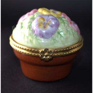 Vintage Hand-Painted Floral Porcelain Trinket Box With Hinged Lid