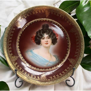 Antique Royal Vienna Beehive Portrait Plate 10.5" With Elegant Gold Detailing Featuring Classic Victorian pulchritudinous Womans Portrait