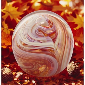 Handmade Swirl Glass Paperweight - Orange, Red, and White Art Glass Decor Gift