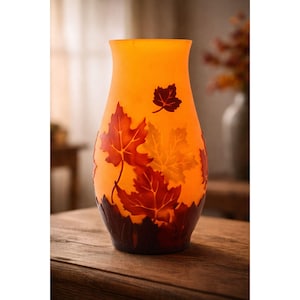 Galle Style Cameo Glass Vase Maple Leaves Amber Art Nouveau