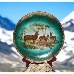 Antique STW Bavaria Germany Porcelain Plate With Deer Scene & Gold Trim