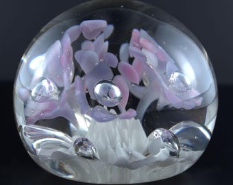 Kent LMS Art Glass Floral Paperweight Pink Lavender Flowers 3.5"