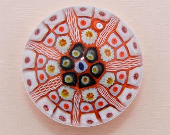 Vintage Strathearn Millefiori Glass Paperweight Scotland w/ Label Orange