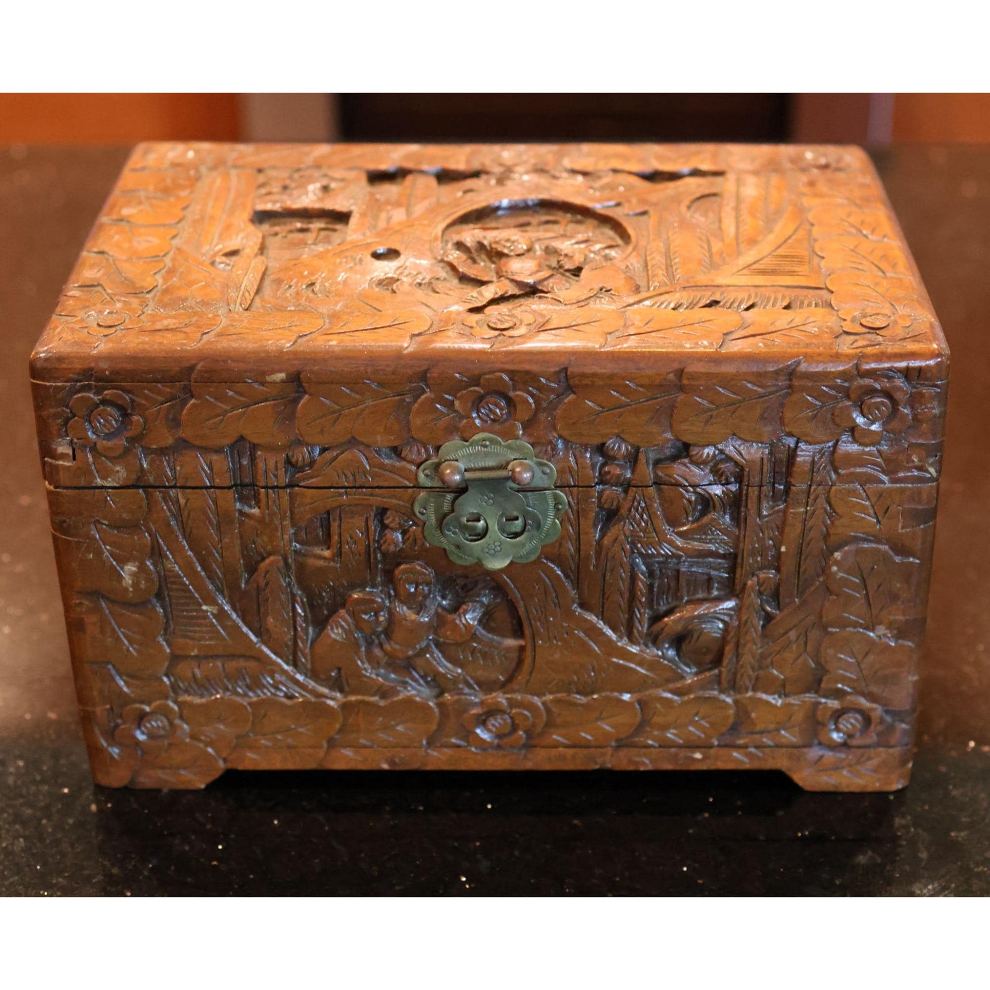 Vintage Hand-carved Camphor Wood Jewelry Box | Floral Asian