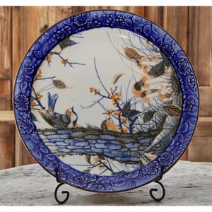 Vintage Japanese 12&quot; Porcelain Charger Plate Birds & Flowers Cobalt Blue Border Wall Decor