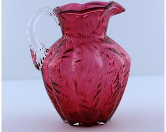 Vintage Fenton Country Cranberry Fern Glass Pitcher Clear Handle 5.5 Inch