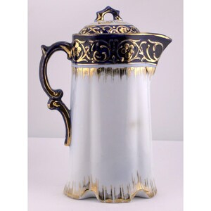 Antique Limoges France Porcelain Chocolate Pot 8" Gold Gilt Blue Floral Trim Elegant Design