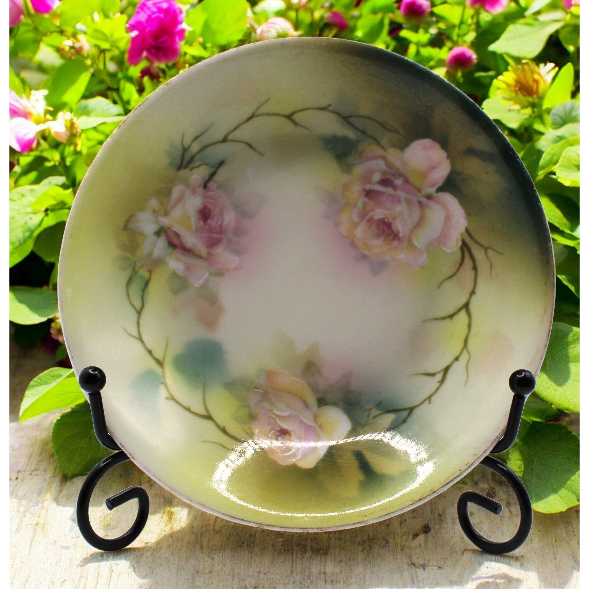 ドイツアンティーク　手描プレート Vintage Hand-painted German Porcelain Plate With Pink Roses