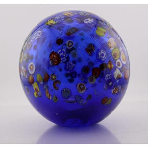 Large Vintage Cobalt Blue Millefiori Art Glass Paperweight Sphere 6&quot; Diameter Blown Glass Orb Collectible