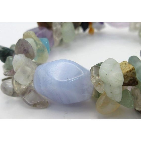 Triple Layer Stretch Bracelet Gemstone Chips Blue… - image 6