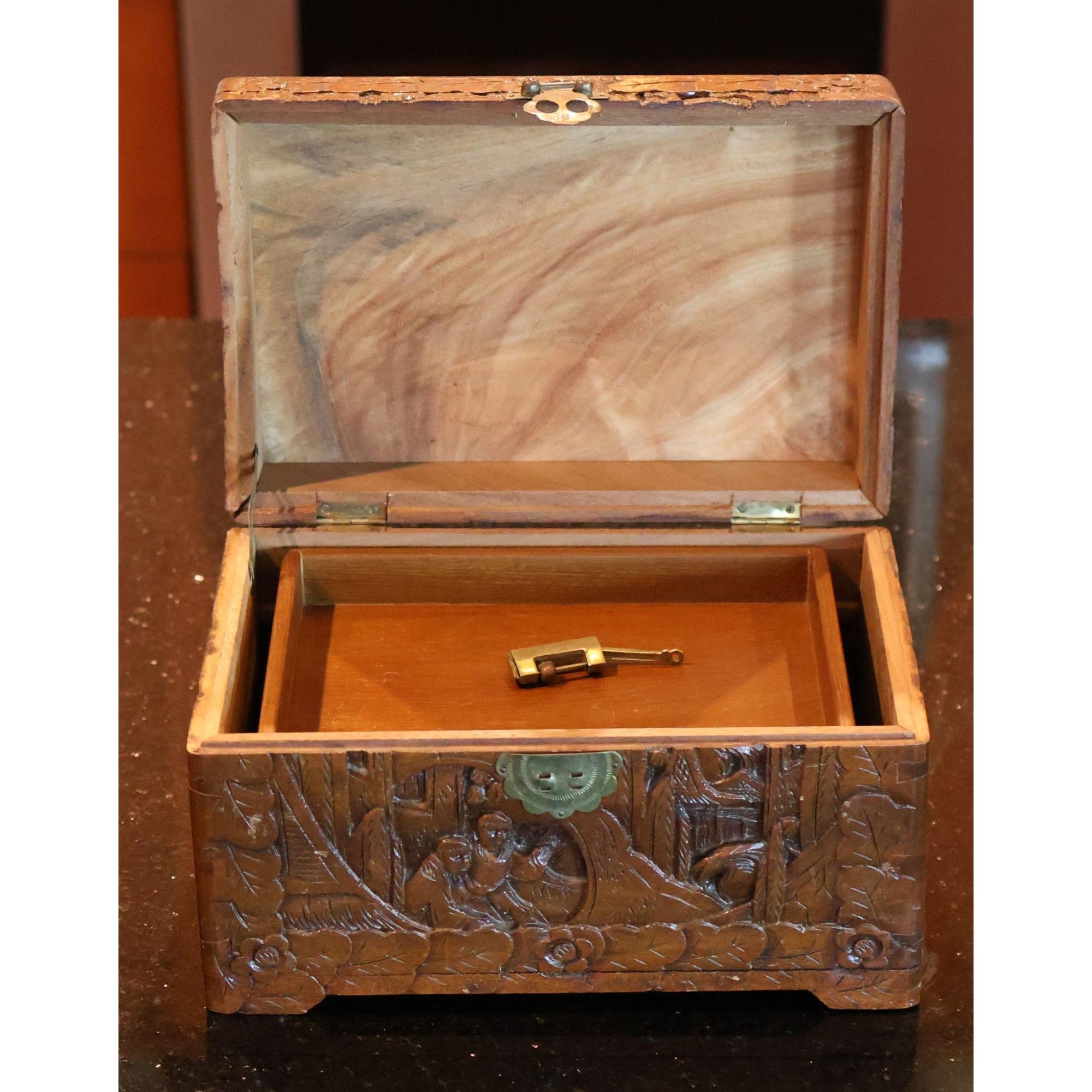 Vintage Hand-carved Camphor Wood Jewelry Box | Floral Asian