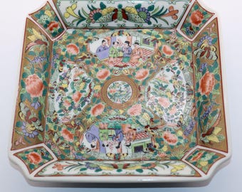 Canton Rose Design Porcelain Square Dish 6" Hand-Painted Hong Horizons Circa 1662-1722 Inspired