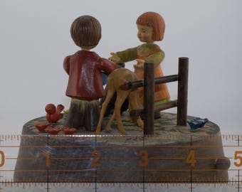 Vintage ANRI Reuge Wooden Music Box Children Dog Deer Swiss