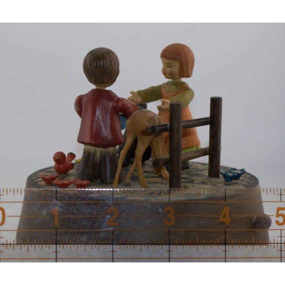 Vintage ANRI Reuge Wooden Music Box Children Dog Deer Swiss