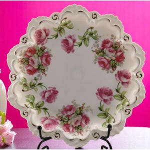 Antique M.Z. Austria Porcelain Plate: Pink Rose Floral, Gold Trim (9&quot; Diameter)