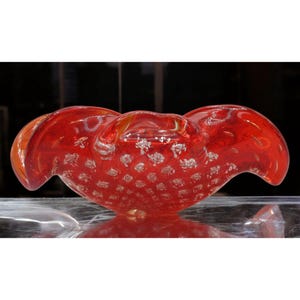 Vintage Murano Red Wavy Art Glass Bowl Ashtray Silver Fleck Controlled Bubbles